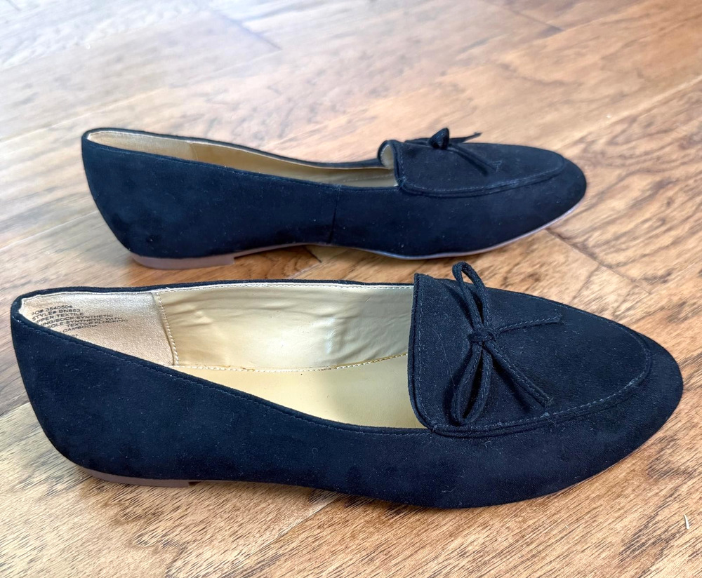 NWOB J.Crew black Faux suede pointed toe bow flats shoes Size 7.5 Preppy Evening
